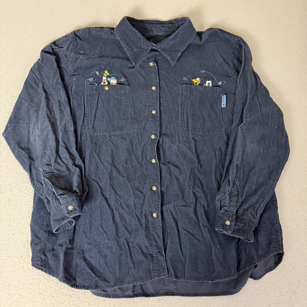 Mickey & Co Disney Women's Navy Corduroy Button-Up Shirt Embroidered Characters